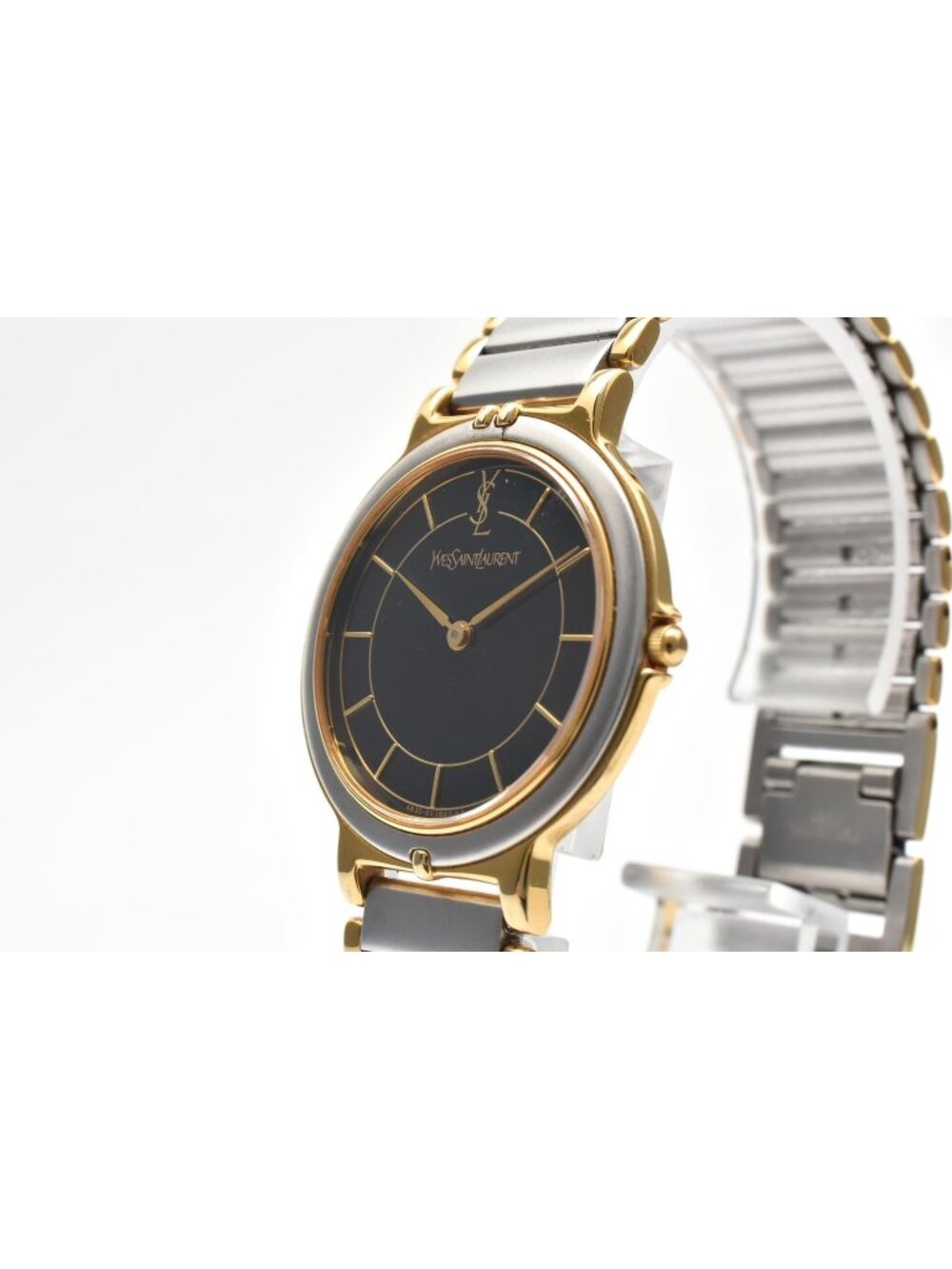 Saint Laurent Vintage Quartz Watch Black Dial Gold Plate Stainless Steel